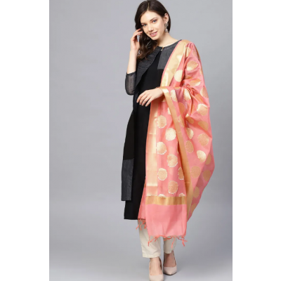 Pink/Golden Raw Silk Printed Shawl For Women